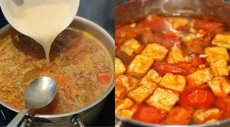 Nồi nước dùng bún riêu cua dấm bỗng với màu sắc hấp dẫn