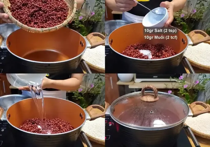 Nguyên liệu nếp cẩm và đậu đỏ đã được sơ chế sạch sẽ