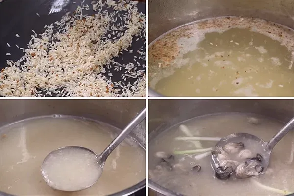 Tổng thời gian nấu cháo là 65 phút, đảm bảo hạt gạo nở nhừ và hàu chín tới