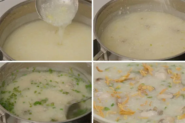 Nấu đậu xanh trước, sau đó cho gạo rồi đến hàu, nấm để đảm bảo độ chín hoàn hảo