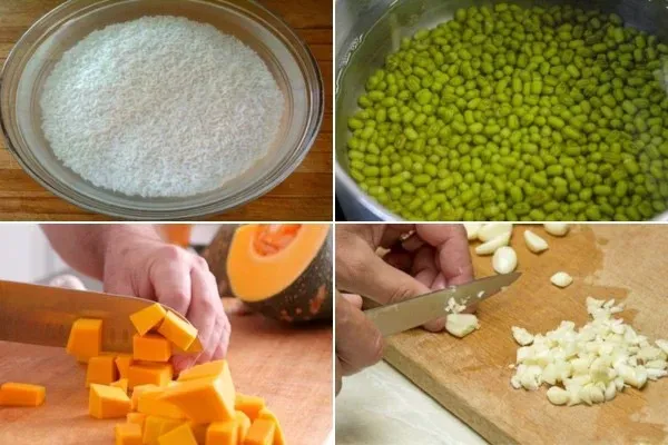 Ngâm gạo, đậu xanh, cắt nhỏ bí đỏ và băm tỏi