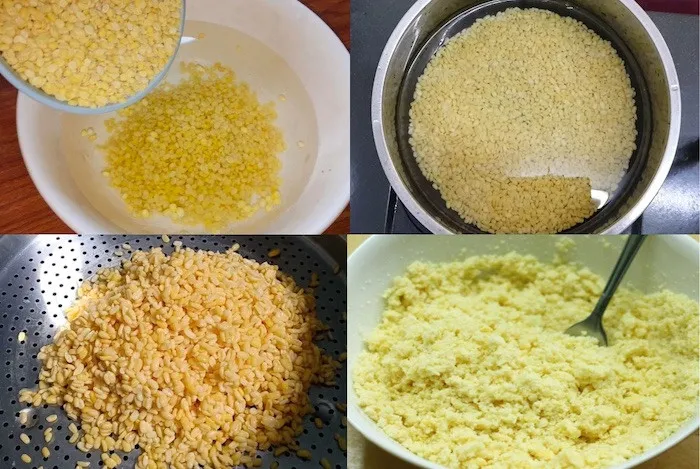 Sơ chế đậu xanh mịn màng, chuẩn bị hấp để làm nhân bánh đa kê