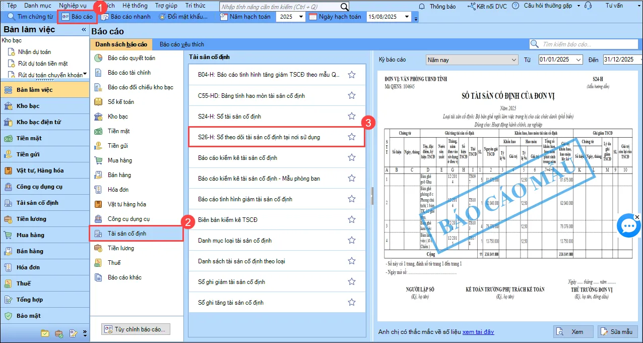 Giao diện chọn báo cáo S26-H trên phần mềm MISA