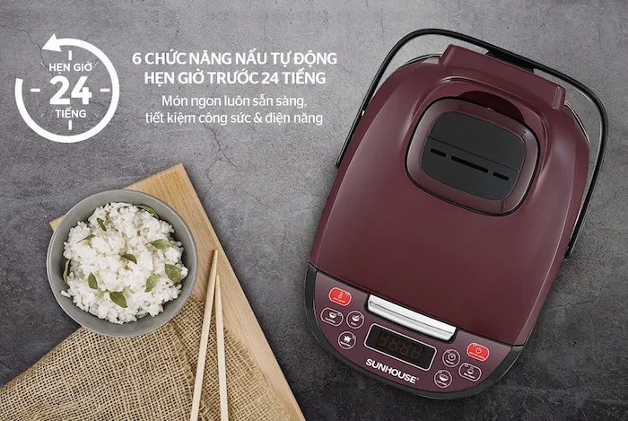 Nồi cơm điện tử SUNHOUSE hẹn giờ nấu tự động lên đến 24 tiếng, dễ dàng nấu chín thực phẩm qua đêm