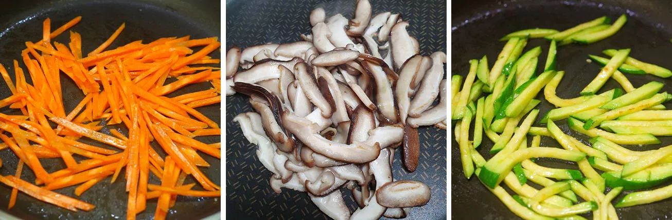 Quy trình xào chín các loại rau củ như cà rốt, bí ngòi và nấm hương trên chảo