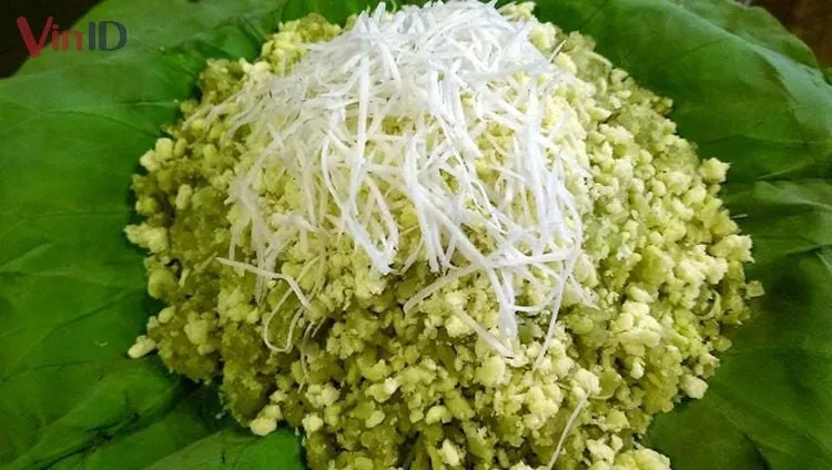 Thành phẩm món xôi cốm đậu xanh hấp dẫn dẻo thơm chuẩn vị