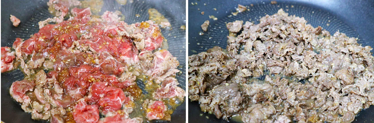 Thịt bò thái sợi được xào chín tới trên chảo nóng để giữ độ mềm ngọt