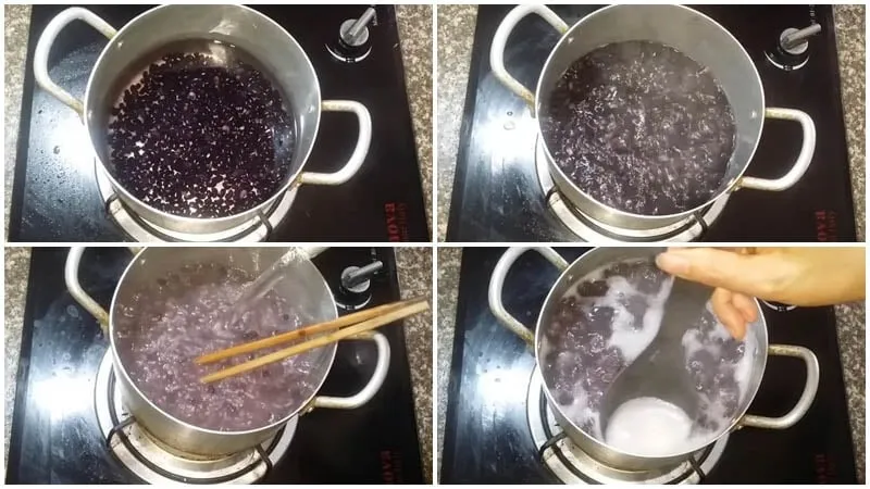 Nồi cháo đậu đen đang sôi trên bếp gas