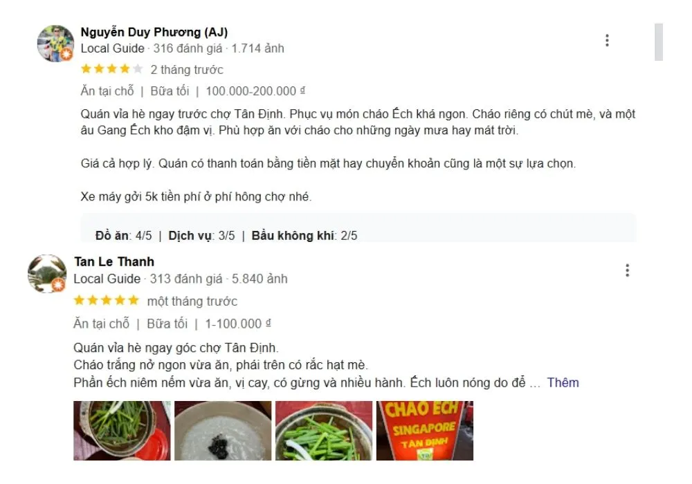 Cháo ếch Singapore Tân Định được khách hàng đánh giá và nhận xét