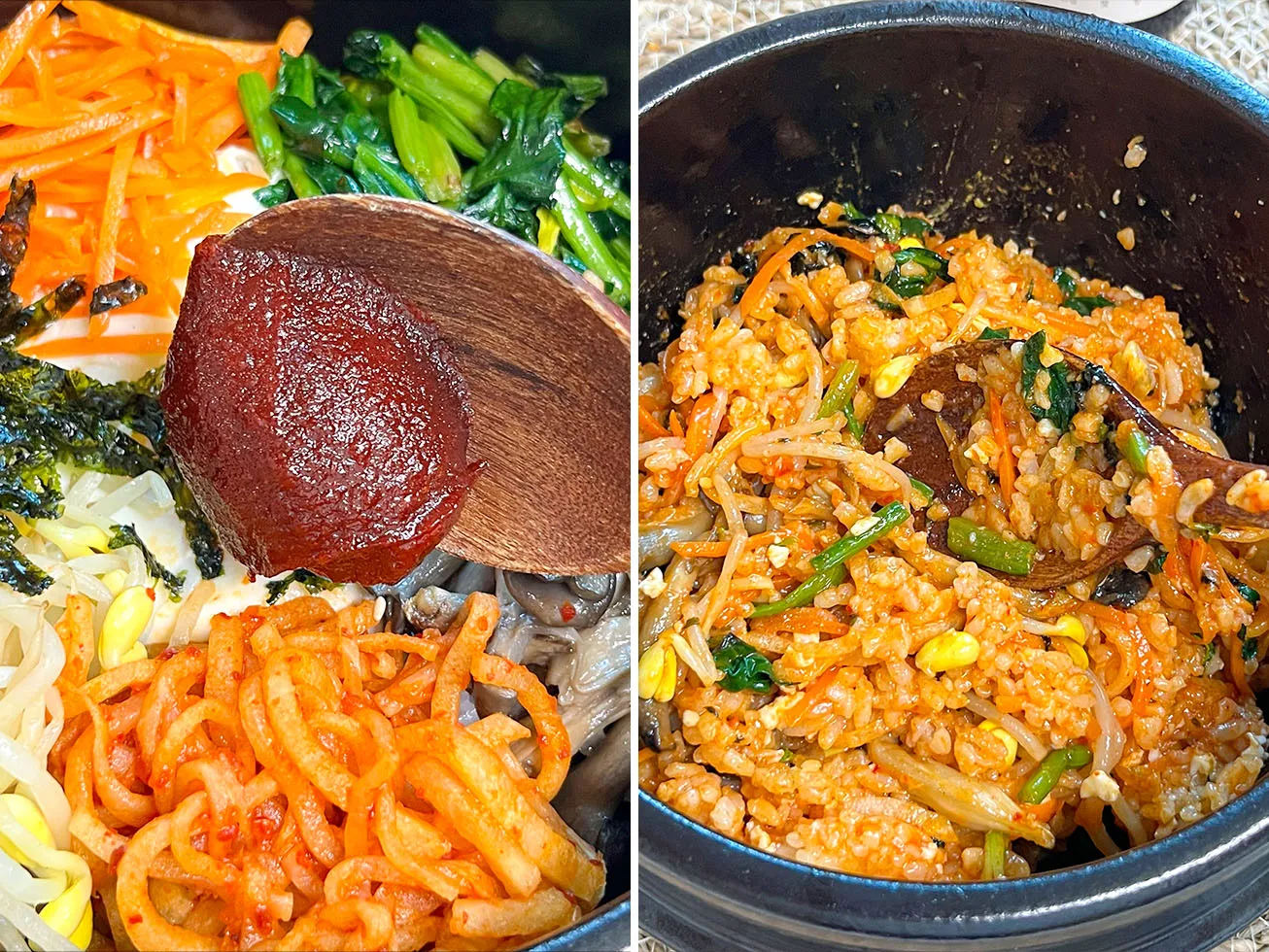 Nước sốt Gochujang được rưới đều lên trên các nguyên liệu của bát cơm trộn