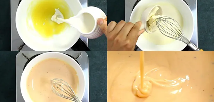 Công đoạn đánh sốt phô mai mịn mượt trên bếp