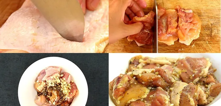 Quy trình tẩm ướp thịt gà với rượu Sake và gừng tỏi để khử mùi