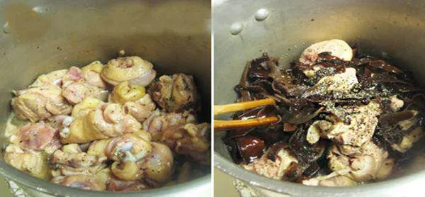 Xào thịt gà với nấm mộc nhĩ rồi ninh nhừ với nước xương