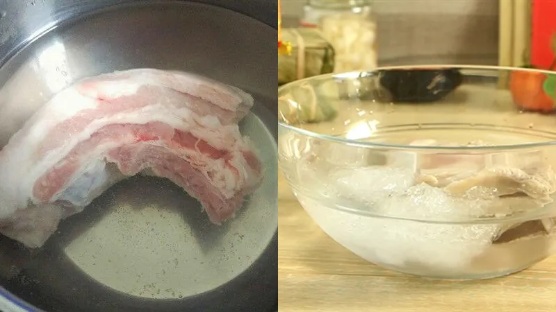 Luộc thịt cùng gừng và hành tím khử mùi