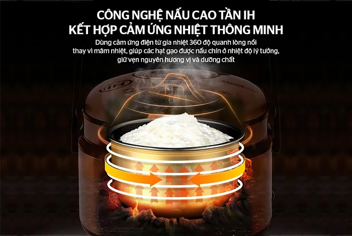 Nồi cơm điện tử cao tần sở hữu công nghệ cảm ứng từ giúp cháo chín đều.