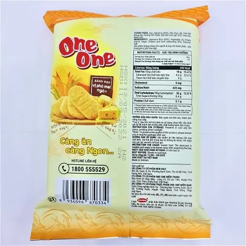 Mặt sau bao bì bánh gạo One One vị phô mai ngô Gold gói 118g
