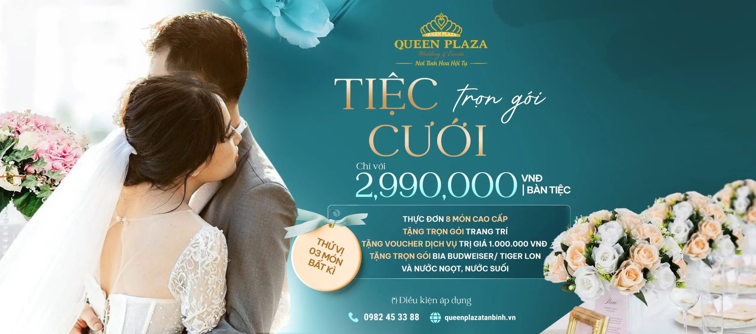Bìa menu tiệc cưới Queen Plaza tháng 4/2024 với hình ảnh món ăn cao cấp và thiết kế sang trọng