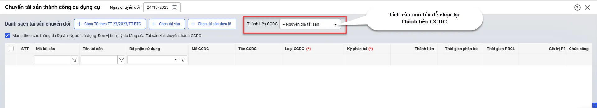 Giao diện chọn thành tiền khi chuyển đổi tài sản cố định sang công cụ dụng cụ