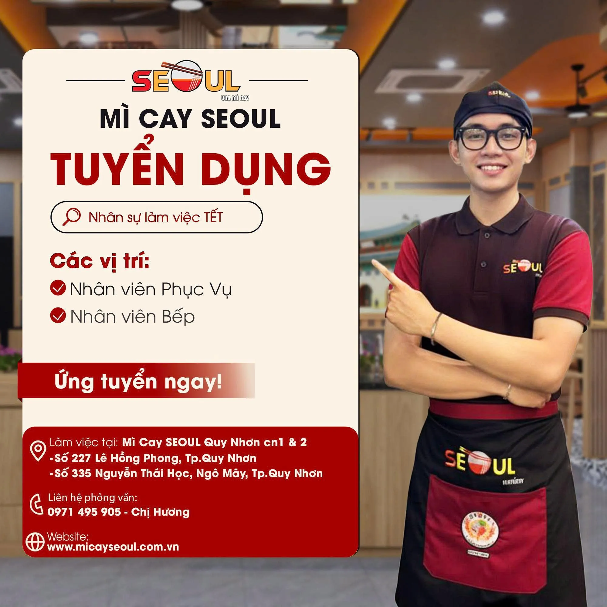 Mì cay Seoul Quy Nhơn tuyển dụng nhân viên phục vụ và bếp