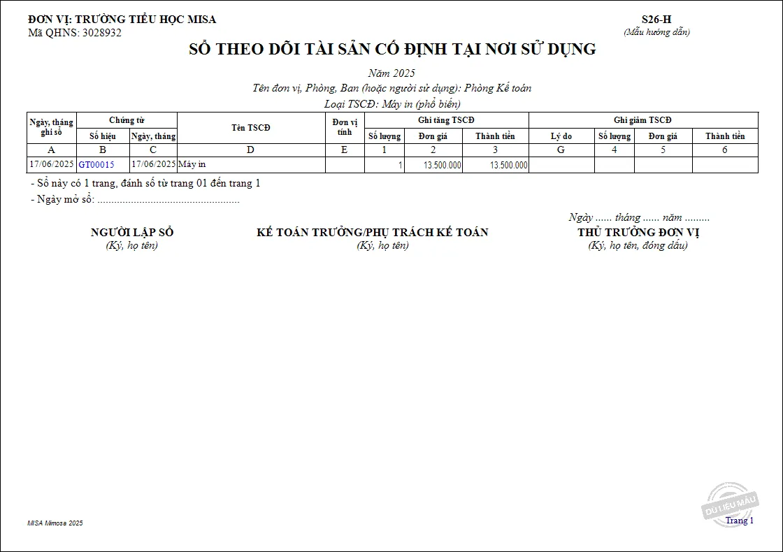 Báo cáo S26-H hiển thị theo phòng ban và loại tài sản
