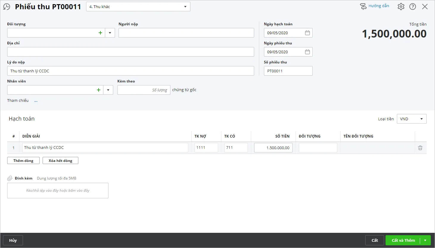 Giao diện hạch toán thanh lý công cụ dụng cụ thu bằng tiền mặt trên phần mềm