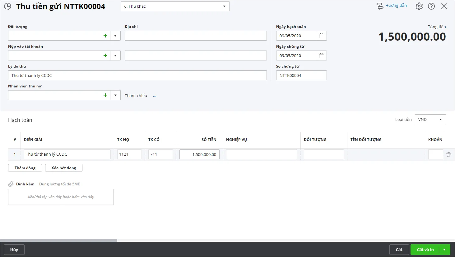 Quy trình nghiệp vụ ghi nhận tiền gửi ngân hàng từ thanh lý công cụ dụng cụ