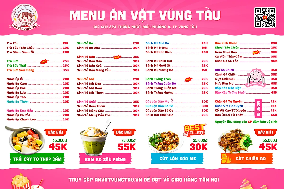 Menu đa dạng tại quán bánh đúc nóng