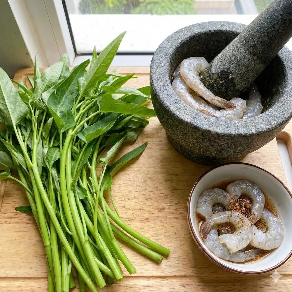 Nguyên liệu nấu canh chua rau muống tôm tươi gồm rau muống non, tôm tươi, me chua và gia vị