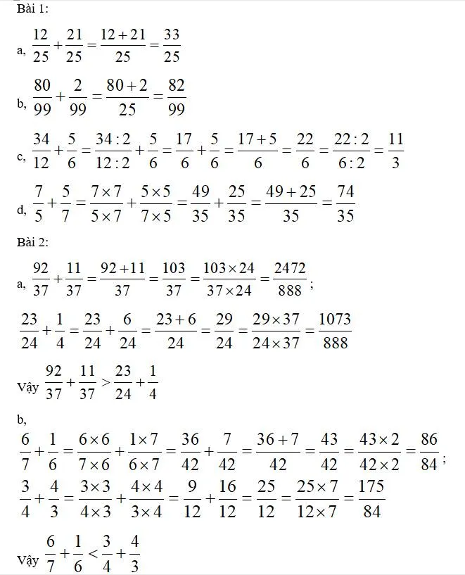 Lời giải chi tiết bài tập cộng phân số