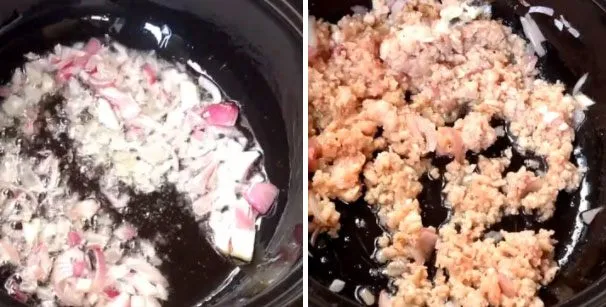 Thịt heo băm được xào săn trước khi thêm nước vào nấu canh