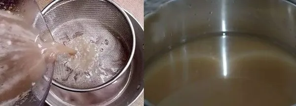 Nước cốt cua đồng được lọc kỹ càng trước khi cho lên bếp đun