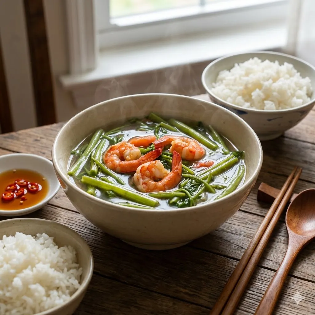 Canh chua rau muống tôm tươi hoàn thành với màu sắc bắt mắt và hương thơm hấp dẫn