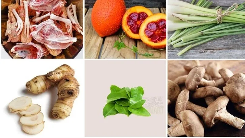 Nguyên liệu nấu lẩu Thái cơ bản gồm tôm, thịt, rau và gia vị