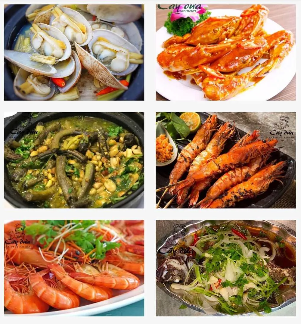 Các món hải sản nướng, hấp được bày trí trên bàn gỗ