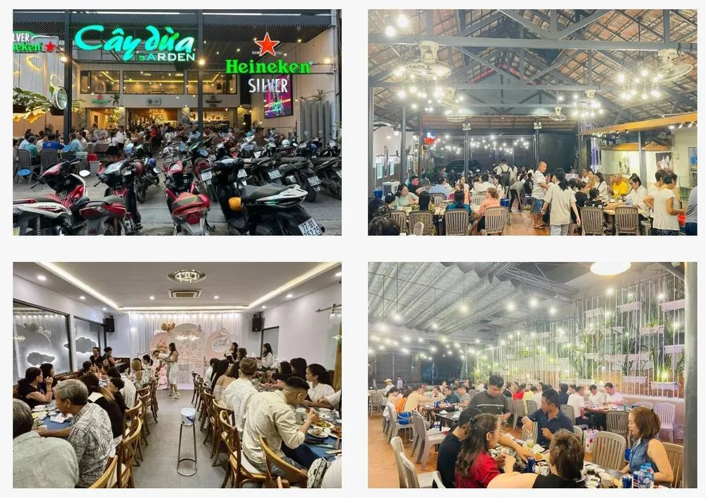 Không gian sân vườn Cây Dừa Garden với bàn ghế gỗ và cây xanh