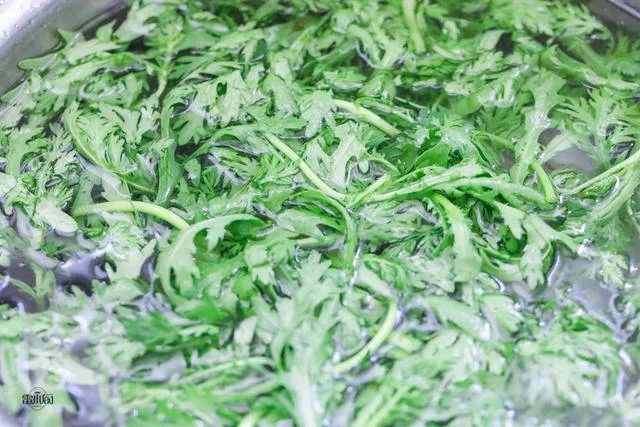 Cải cúc tươi xanh, lá nguyên vẹn, sẵn sàng chế biến