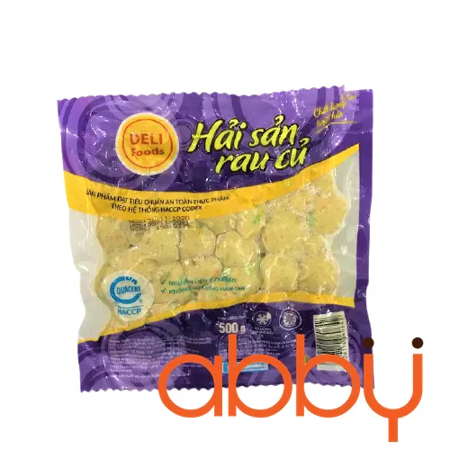 Viên hải sản rau củ đóng gói trong bao bì kín, bảo quản trong ngăn đông tủ lạnh