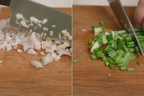Băm nhuyễn hành tím, tỏi và sơ chế rau thơm