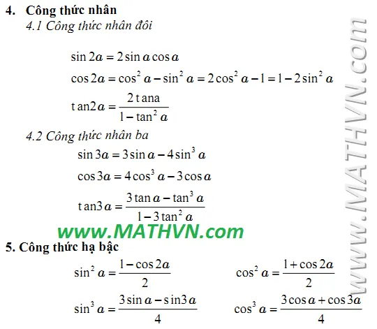 bảng tóm tắt công thức lượng giác đầy đủ