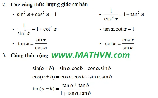 bảng công thức lượng giác cơ bản