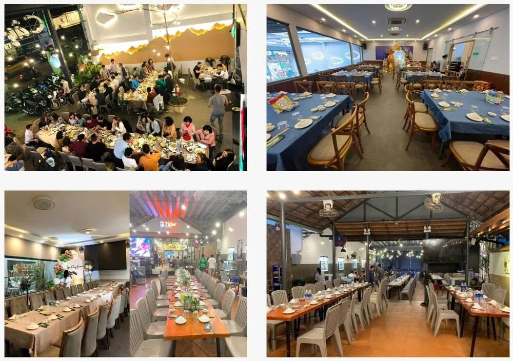 Nhóm khách đông đúc tại quán, không khí vui vẻ