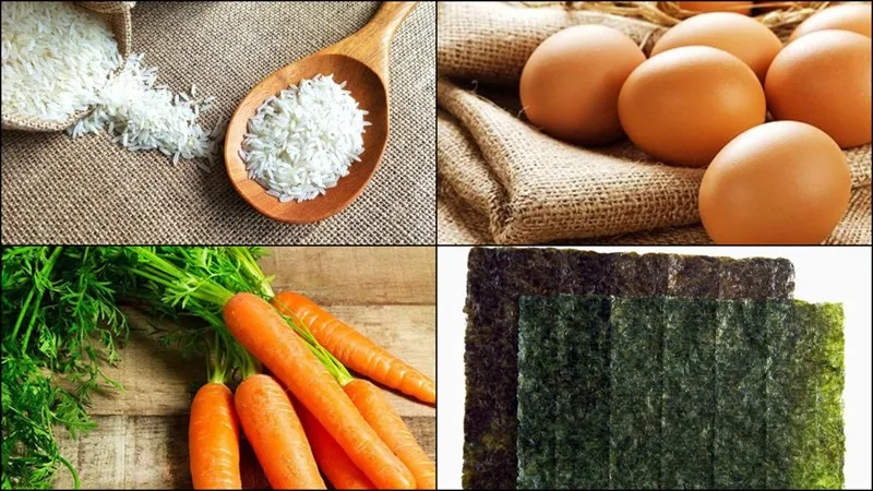 Các nguyên liệu cơ bản cho cách làm cơm cuộn hàn quốc bao gồm dưa leo, cà rốt, trứng và rong biển