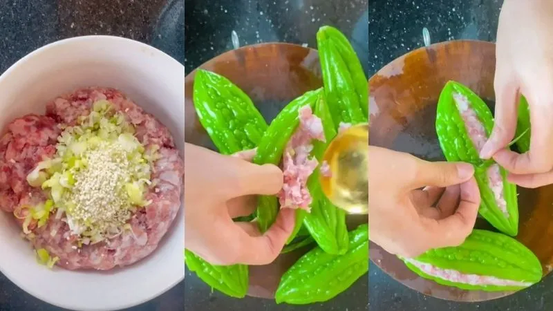 Công đoạn nhồi nhân khi nấu canh khổ qua dồn thịt