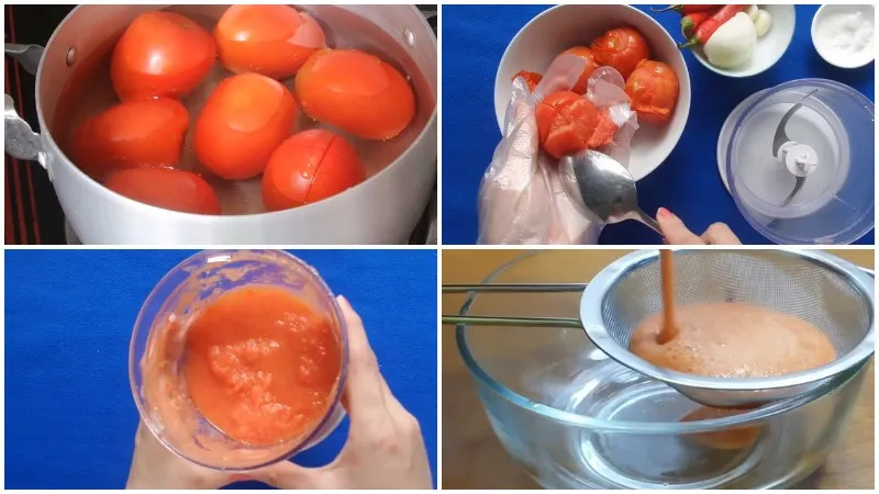 cà chua và các nguyên liệu đang được xay mịn