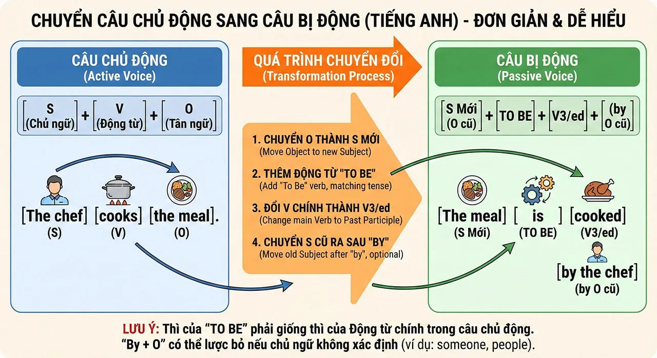 Các bước chuyển câu chủ động sang câu bị động