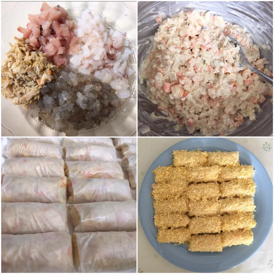 Hỗn hợp nhân nem hải sản sau khi đã xào chín