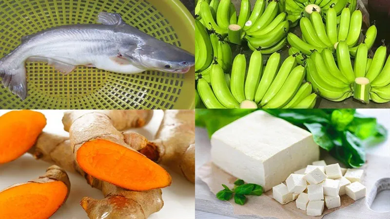 Các nguyên liệu cần thiết để nấu cá lăng om chuối đậu