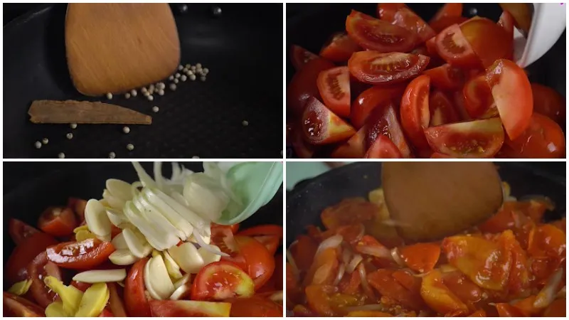 các nguyên liệu tương cà chua đang được đun mềm