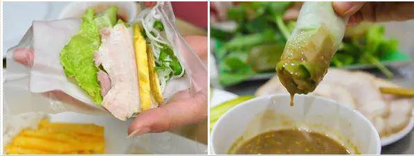 Cuộn bánh tráng với thịt heo, rau ăn kèm và chấm với mắm nêm