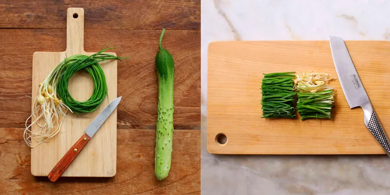 Sơ chế hẹ và dưa leo đúng cách cho món kim chi chuẩn vị